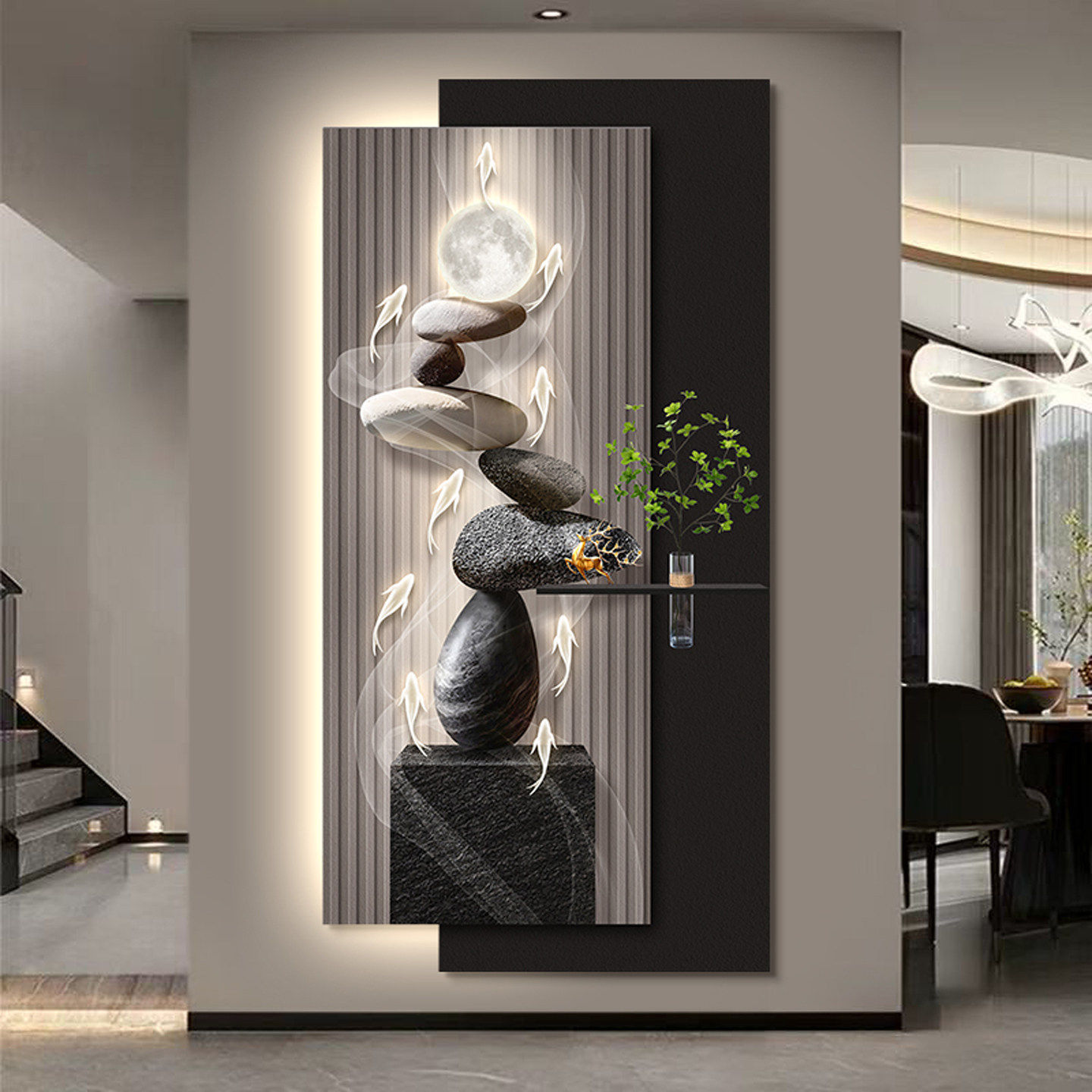 轻奢九鱼图好寓意带灯玄关装饰画水培绿植简约高级感走廊过道壁画