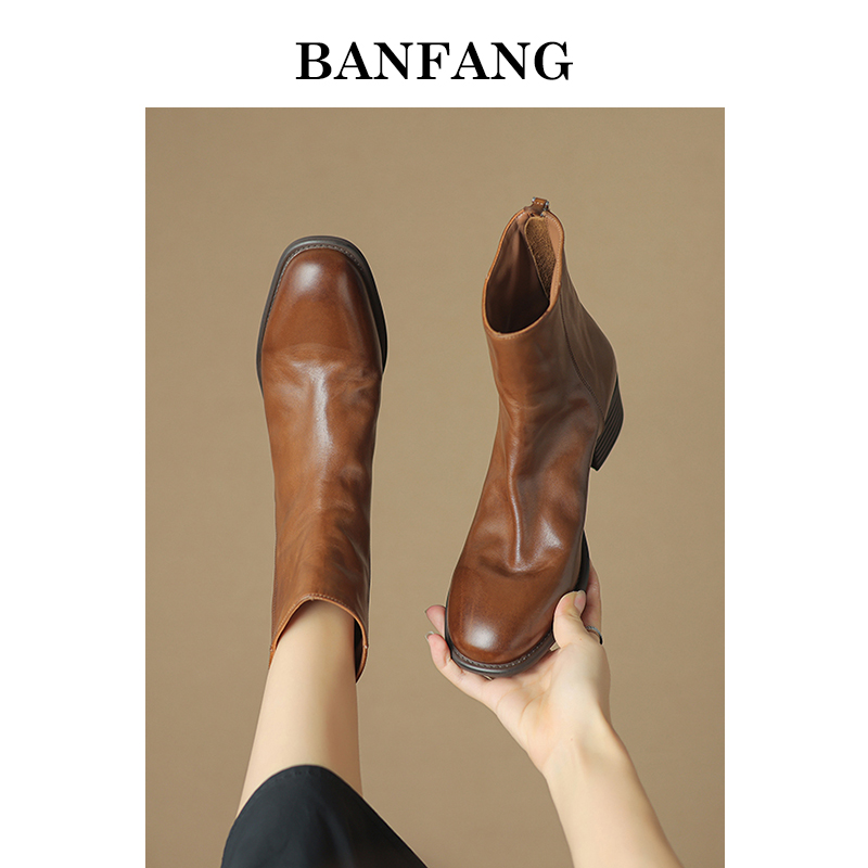 BANFANG女鞋马皮复古小个子加绒粗跟真皮马丁靴女棕色短靴