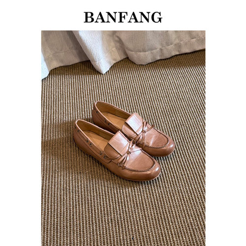 BANFANG女鞋圆头平底软皮便士乐福鞋蝴蝶结胶粘豆豆鞋乐福鞋