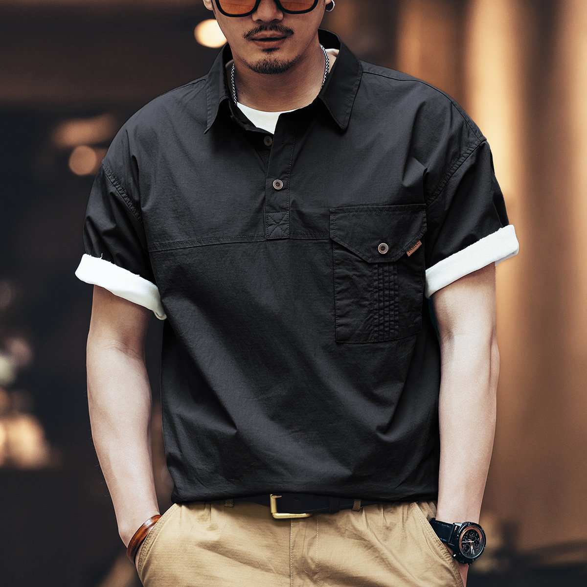 格蓝鹿美式复古重磅工装衬衫男士短袖夏季潮牌宽松半袖衣服POLO衫