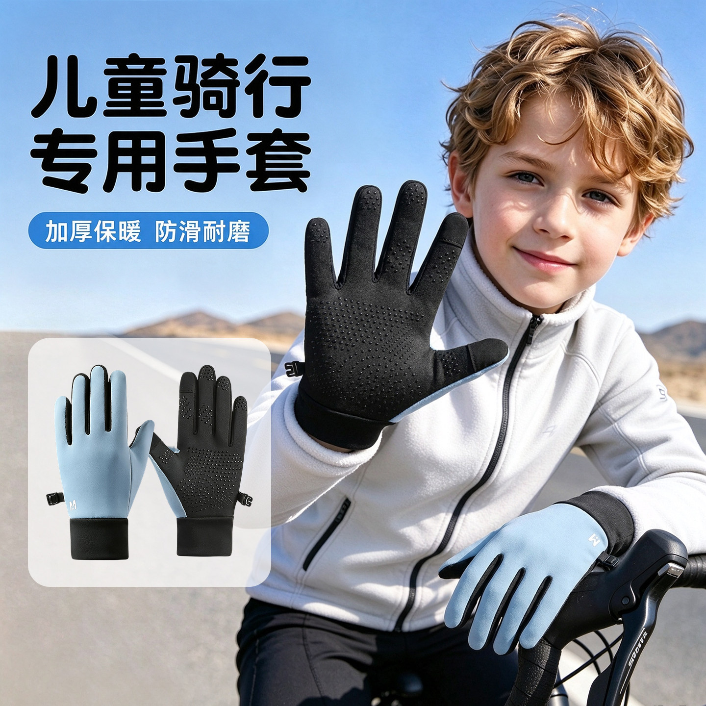 儿童保暖骑行手套男童秋冬加绒防风防水冬季户外足球运动自行车女