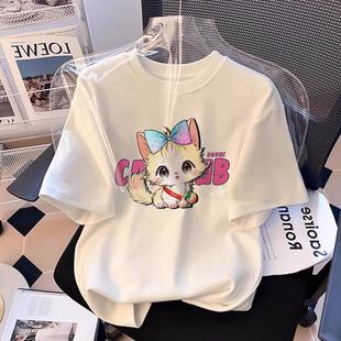 品牌外贸专柜撤回清仓捡漏 T恤高级感上衣女 夏季 纯棉猫咪印花短袖