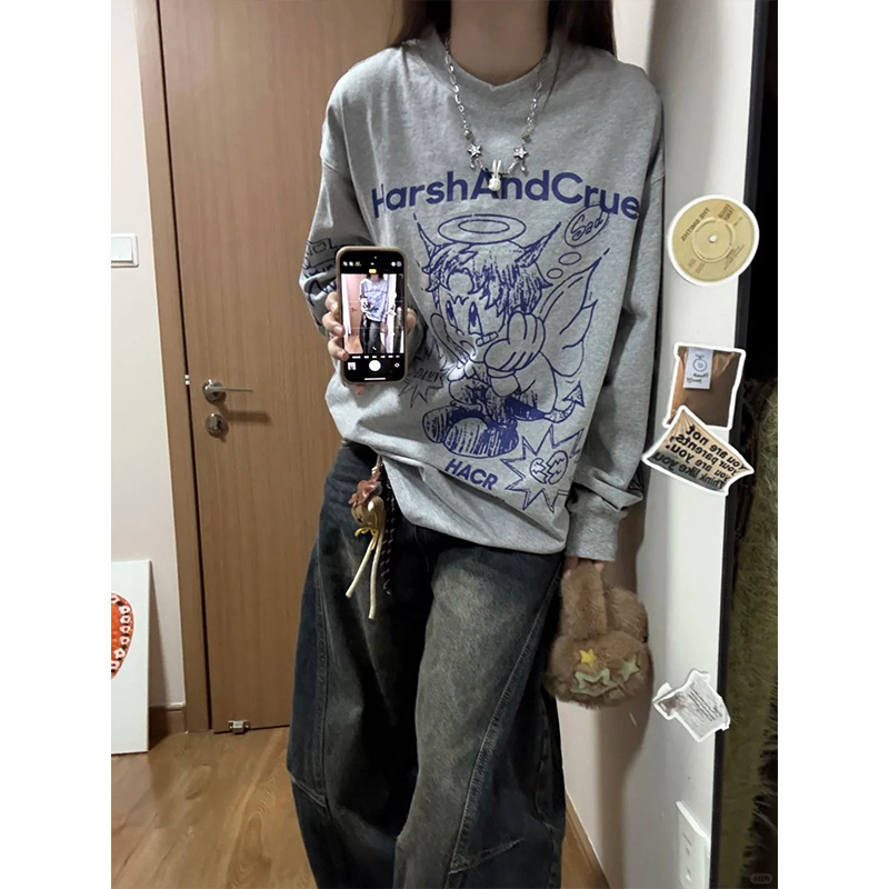 品牌外贸专柜撤回清仓捡漏~高街复古印花纯棉男女长袖T恤打底上衣