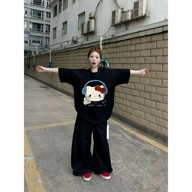 品牌外贸专柜撤回清仓捡漏~纯棉潮牌耳机KT猫印花男女短袖T恤上衣