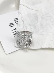 高级感方钻气质珍珠戒指女设计小众开口指环食指戒冷淡风不规则潮