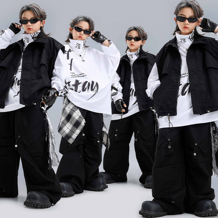 儿童街舞套装嘻哈男童潮服黑白马甲潮牌童装炸街女童hiphop演出服
