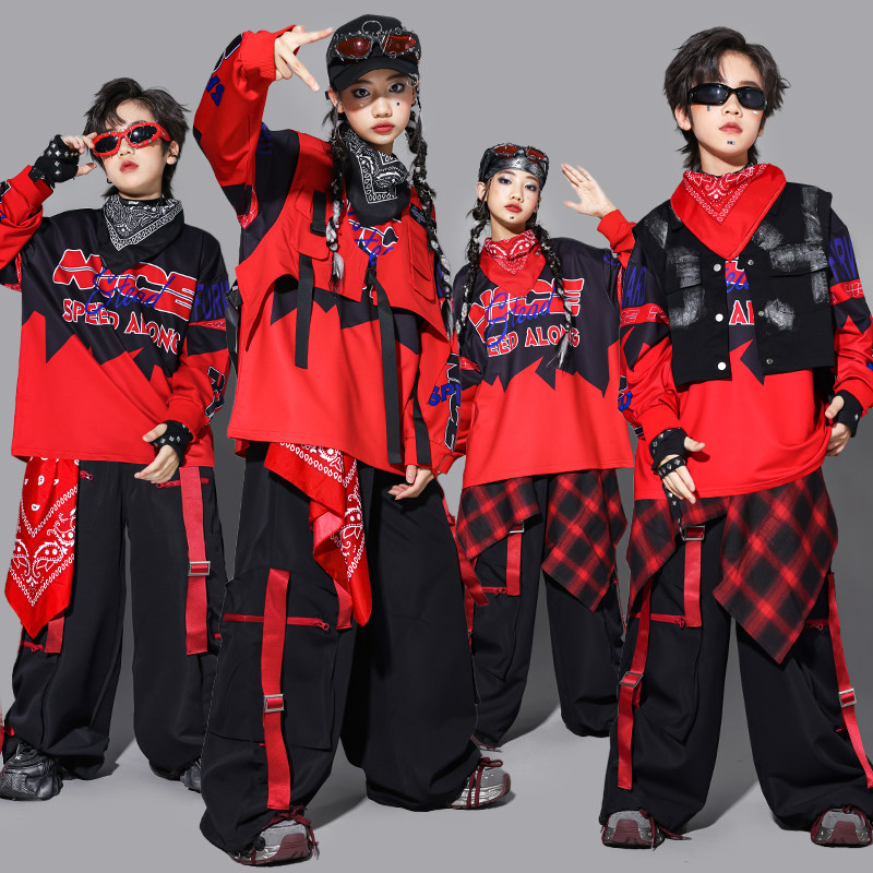儿童红色街舞演出服男嘻哈