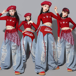 女童jazz爵士舞演出服儿童红色街舞服装少儿牛仔裤子女孩走秀潮装