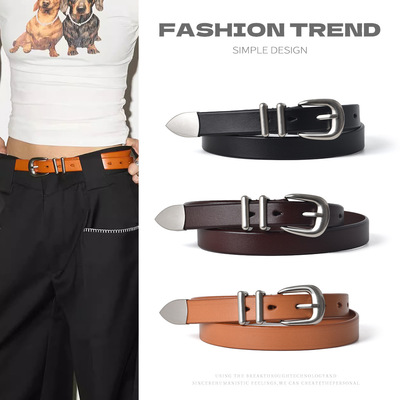 DRKK 高定牛皮做旧银色金属扣腰带简约复古柔软百搭质感男女皮带