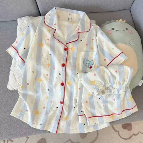 甜美可爱云朵棉睡衣女夏季短袖开衫印花家居服套装