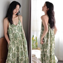 夏季爆款薄荷曼波吊带睡裙女款带胸垫无袖中长连衣裙家居服可外穿