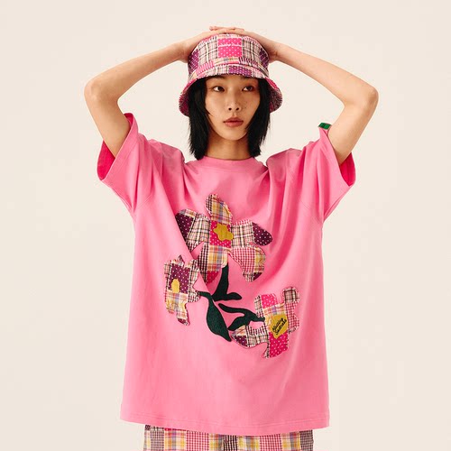 Melting Sadness花朵贴布微宽松粉紫色短袖T恤男女情侣款夏季新品