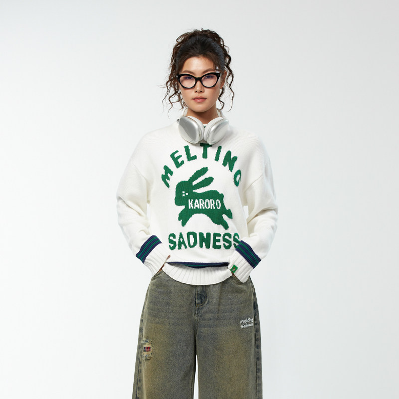 MeltingSadness春季情侣针织基础Logo提花圆领毛衣慵懒穿搭