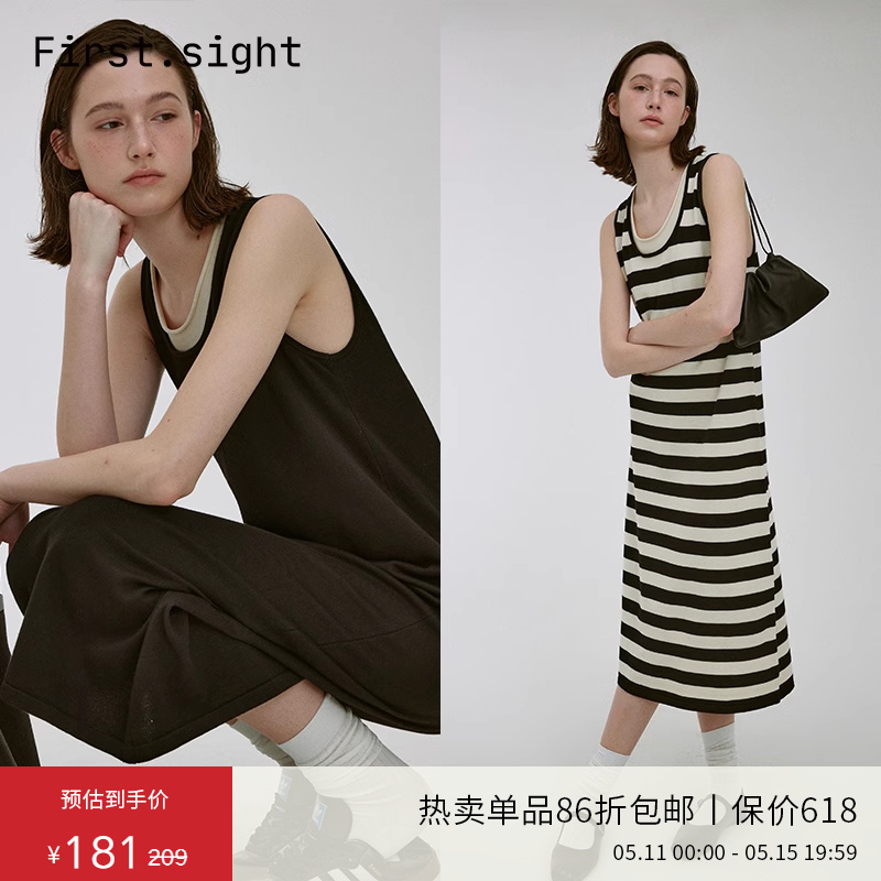 Firstsight撞色假两件无袖针织背心吊带连衣裙夏季显瘦中长款裙子