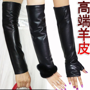 子 秋冬保暖加绒过肘护臂手臂套露指假袖 羊皮长款 半指手套女真皮袖