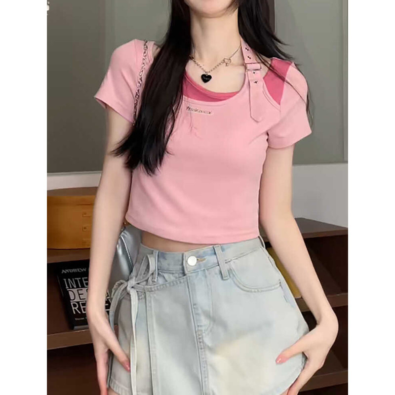 大码夏季纯棉短款挂脖上衣女微胖mm显瘦小个子假两件纯欲短袖T恤,运动/瑜伽/健身/球迷用品,瑜伽t恤,淘宝优惠券,粉丝福利购,淘宝优惠卷