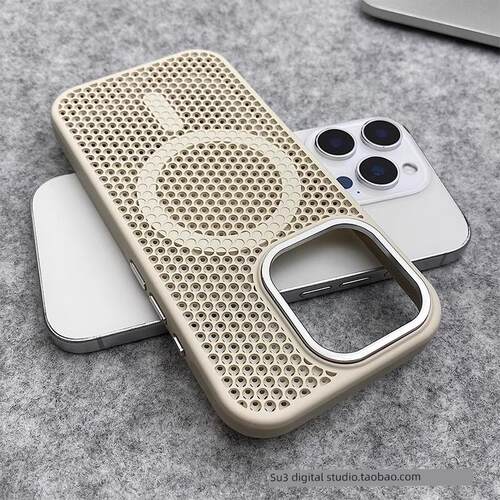 磁吸充电散热蜂窝透气适用iPhone15苹果16pro手机壳max峰岩白色plus岩石灰14防摔13金属镜框2高级简约Magsafe