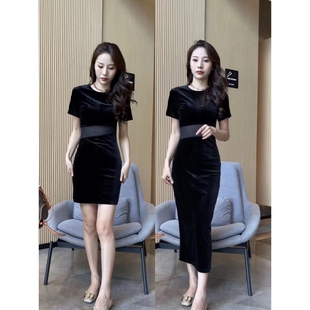 修身 高档法式 赫本风圆领短袖 轻奢丝绒拼接连衣裙女夏季 开叉包 新款