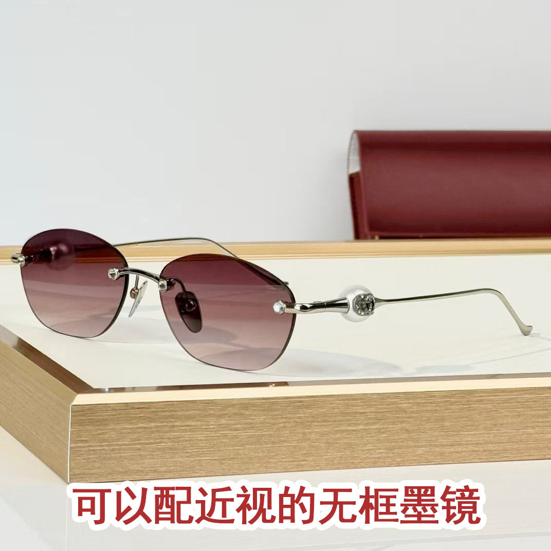GG珍珠镶钻欧美风时尚无框椭圆形女士太阳眼镜防紫外线配近视墨镜