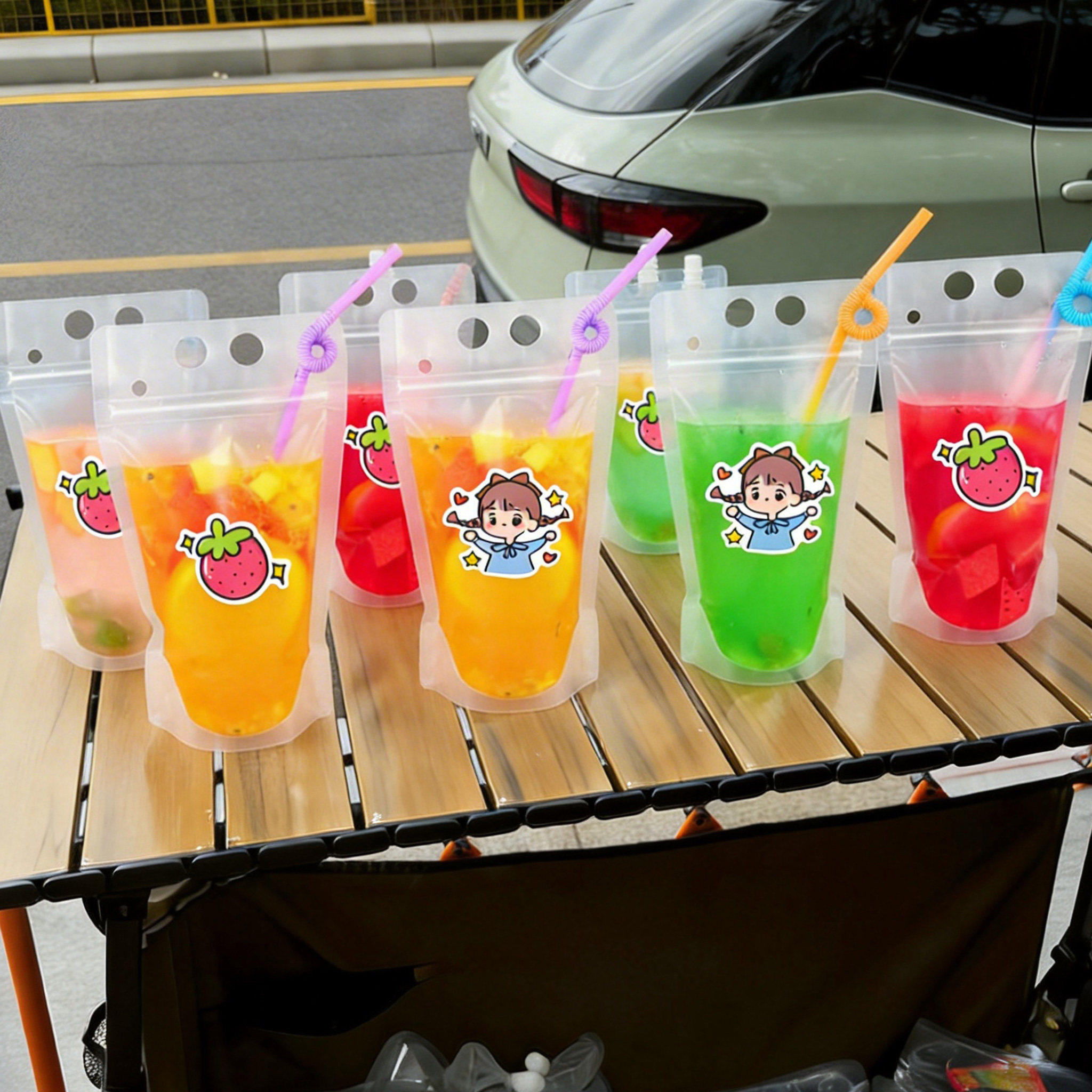 水果茶饮料袋一次性果汁奶茶奶昔打包磨砂透明自封袋手提摆摊商用