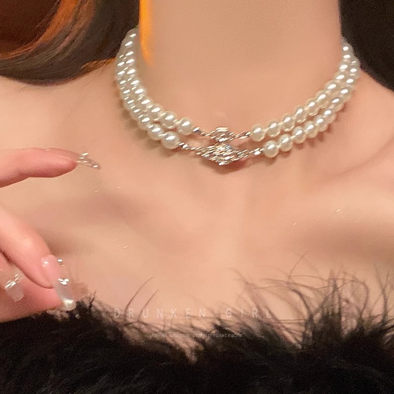 双层珍珠土星项链女轻奢高级感choker颈链礼服配饰多层小众锁骨链图片