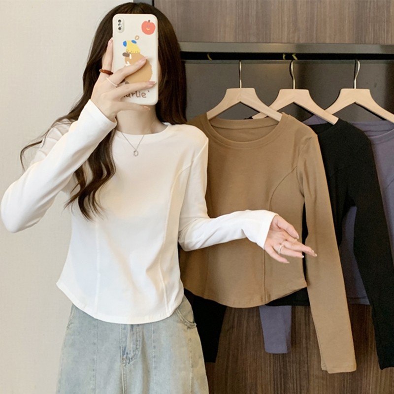 设计感鱼骨打底衫女2025春秋长袖T恤小个子内搭收腰显瘦短款上衣