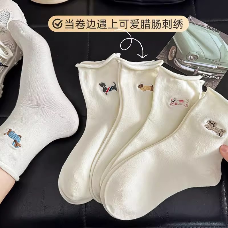 白色袜子女士中筒袜秋冬款ins潮日系卷边堆堆袜卡通可爱小狗长袜