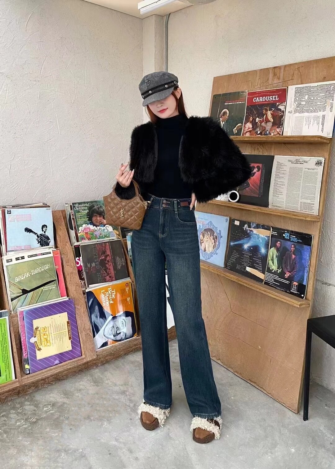 香港花牌秋冬欧货芭莎BASHA厚绒加绒大码窄版阔腿裤牛仔裤 女