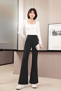 花牌 2024春秋basha香港芭莎欧货韩版简约百搭黑色喇叭裤休闲裤子