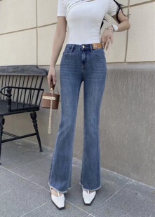 春夏BASHA香港花牌芭莎韩版百搭显瘦裤脚毛边弹力微喇牛仔裤子 女