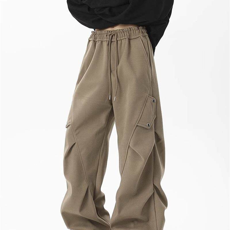 加厚重磅呢子休闲裤男秋冬潮牌设计感皱褶宽松阔腿运动伞兵工装裤