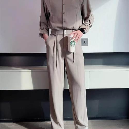 秋冬休闲裤男垂坠感宽松直筒裤日系免烫卫裤男士高街冰丝长裤纽扣