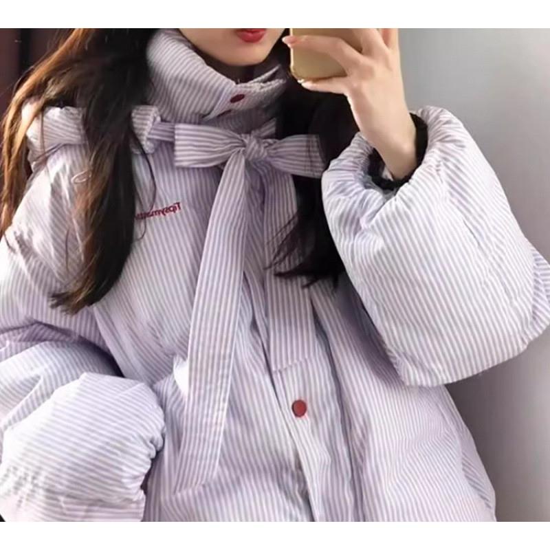 美式复古竖条纹连帽棉服外套女冬季新款设计感小众宽松保暖面包服