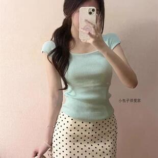 薄荷绿针织短袖T恤女26新款早春ootd绝美韩系穿搭裙子套装上衣