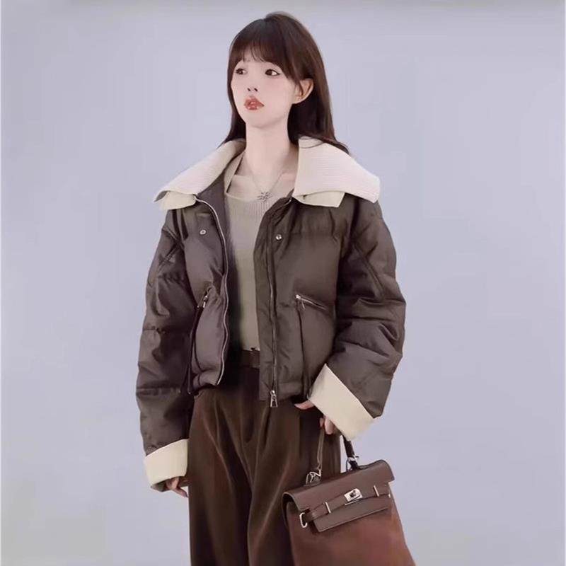 新款秋冬双领皮衣短款羽绒服拼接加厚保暖撞色白鸭绒外套