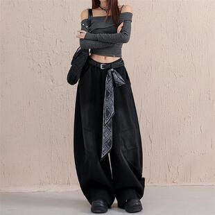 牛仔裤黑色弯刀阔腿牛仔裤女秋季新美式复古小个子宽松香蕉镰刀裤