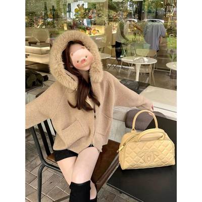 毛领连帽针织开衫女秋冬新款拉链时尚洋气带口袋显瘦毛衣外套上衣