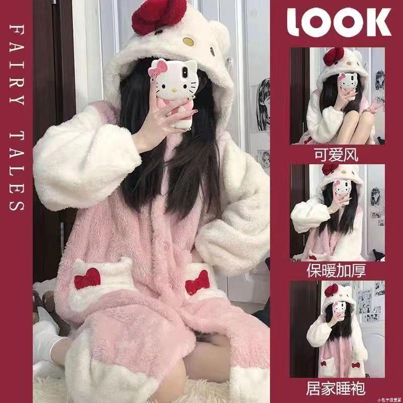 秋季新款卡皮巴拉睡衣女冬季睡袍可爱珊瑚绒加厚中长款家居服套装