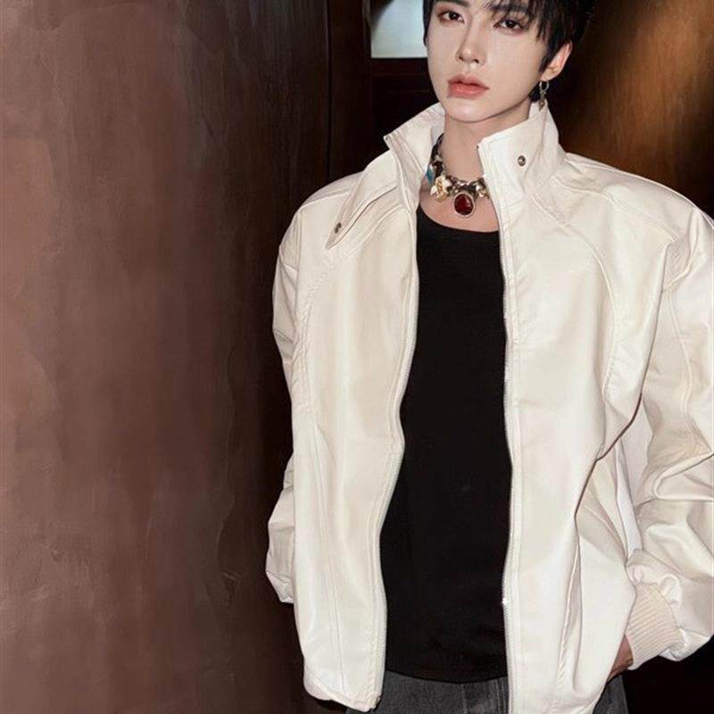 白色短款垫肩外套男款高级感痞帅廓形机车pu皮衣夹克炸街男模穿搭