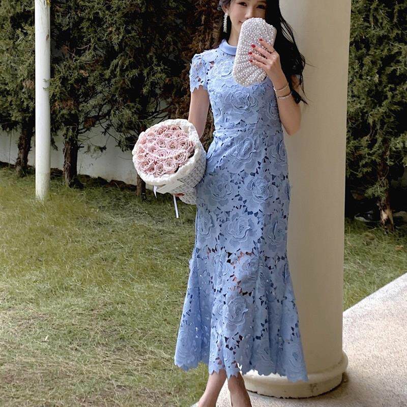 新款女装3D立体重磅蕾丝性感镂空蓝色修身连衣裙子长款晚礼服