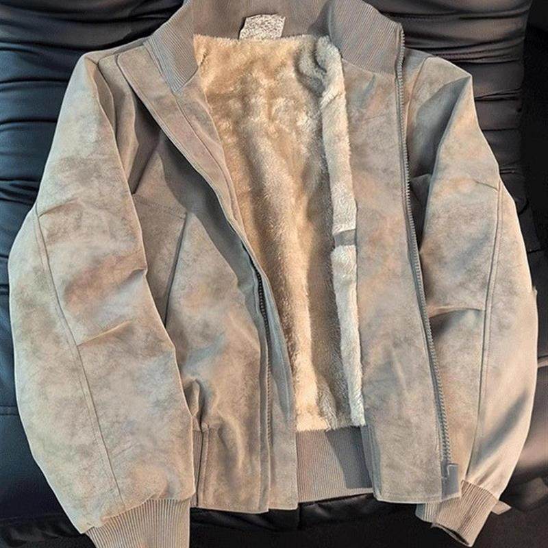 美式扎染PU皮衣夹克棉服男秋冬加绒加厚棉衣外套短款立领机车棉袄