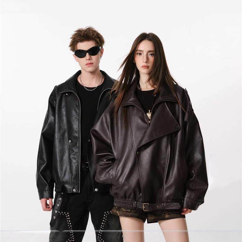 工厂 复古中性翻领皮衣外套男女2025新款秋季PU夹克酷飒机车