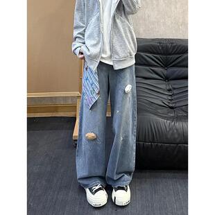 美式复古星星刺绣牛仔裤男秋冬季潮牌痞帅高街直筒裤子宽松阔腿裤