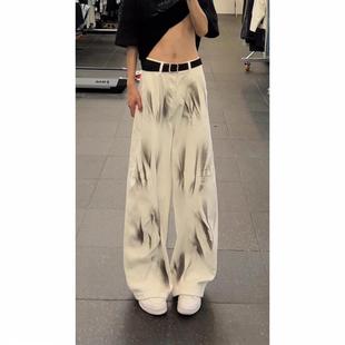 美式 秋款 vibe风格 裤 白色泼墨涂鸦纯棉牛仔裤 子显瘦宽松阔腿裤 男款