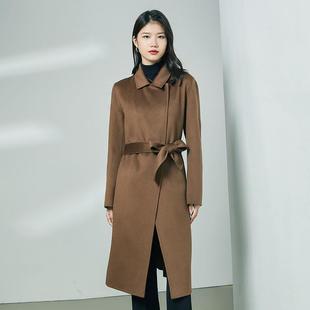 外套暗扣系带显瘦通勤秋冬双面呢羊绒大衣 领女士过膝长款 韩版 西装