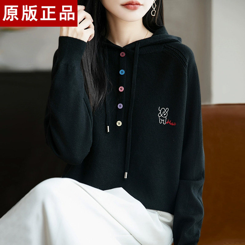 韩版连帽宽松毛衣女洋气刺绣羊毛针织衫2026新款内搭可外穿帽衫