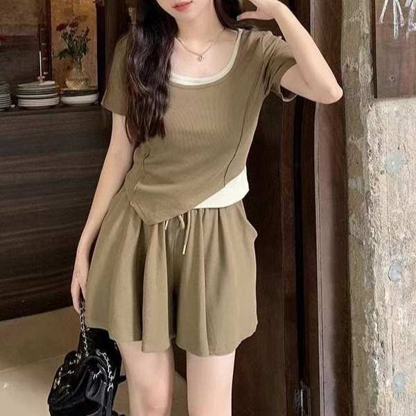 大码胖MM休闲运动套装女夏季显瘦遮肉假两件阔腿裤子两件套250斤