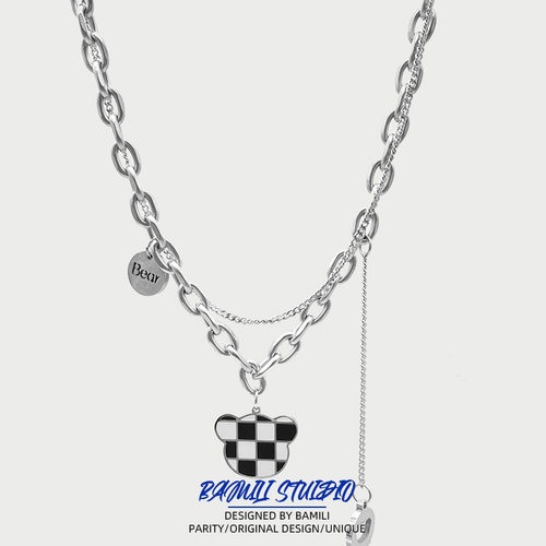 106bamili熊脸棋盘格项链