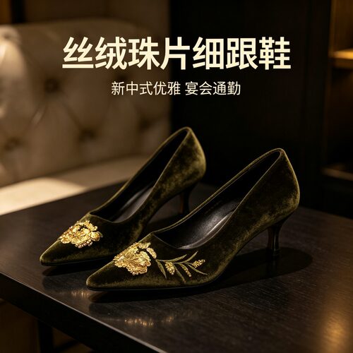 轻熟风丝绒珠片尖头细跟高跟鞋