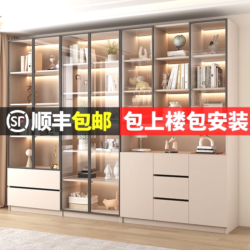 书柜家用带玻璃门客厅一体整墙现代轻奢定制储物柜实木书架展示柜